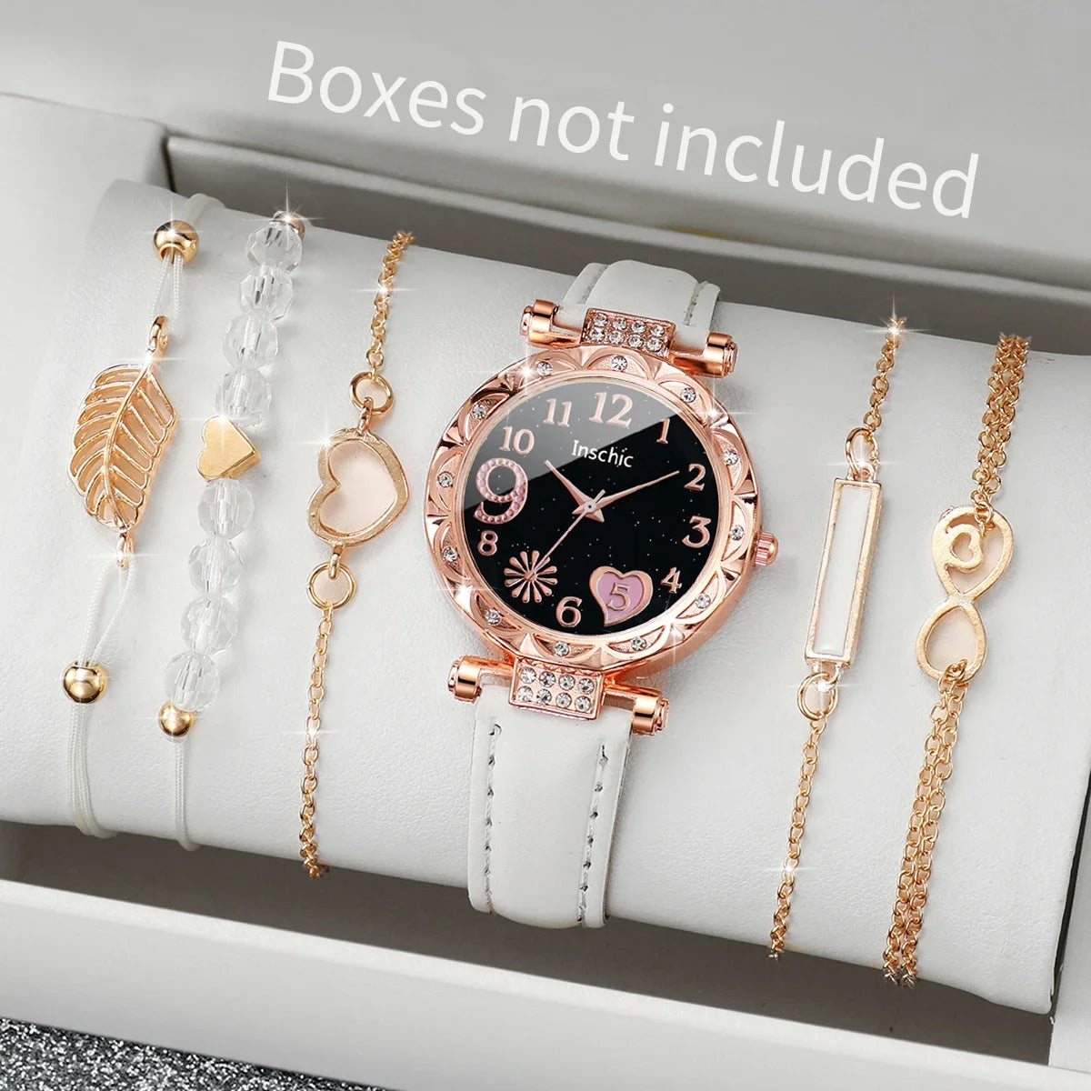Elegant 6PCS Set š Women's heart dial watch with a premium leather band and leaf-design bracelets ā a touch of class and everyday elegance āØ