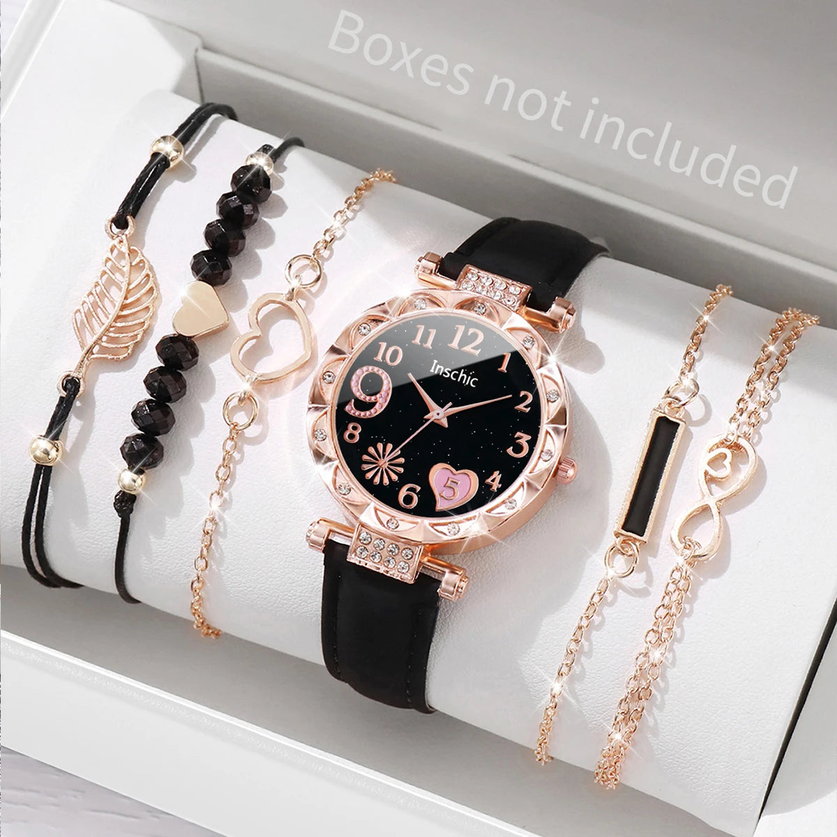Elegant 6PCS Set 💖 Women's heart dial watch with a premium leather band and leaf-design bracelets — a touch of class and everyday elegance ✨
