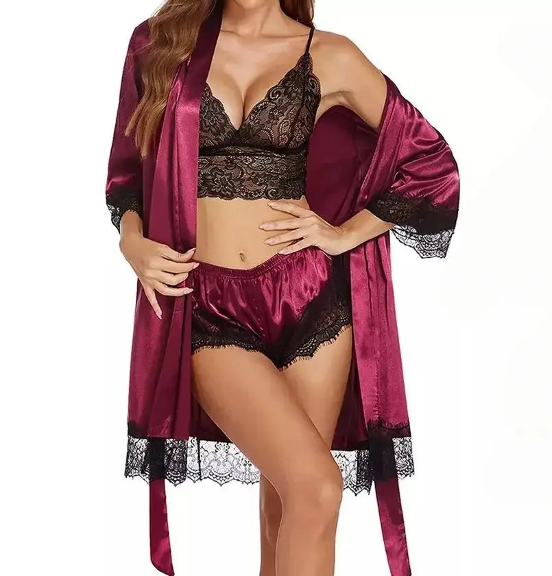 Women's Sexy Satin Lace Lingerie Set – Wine Red Nightwear with Robe , Bralette, Shorts & Panty for romantic atmosphere💖