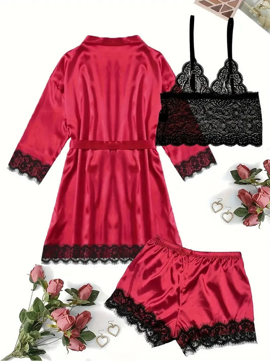 Women's Sexy Satin Lace Lingerie Set – Wine Red Nightwear with Robe , Bralette, Shorts & Panty for romantic atmosphere💖