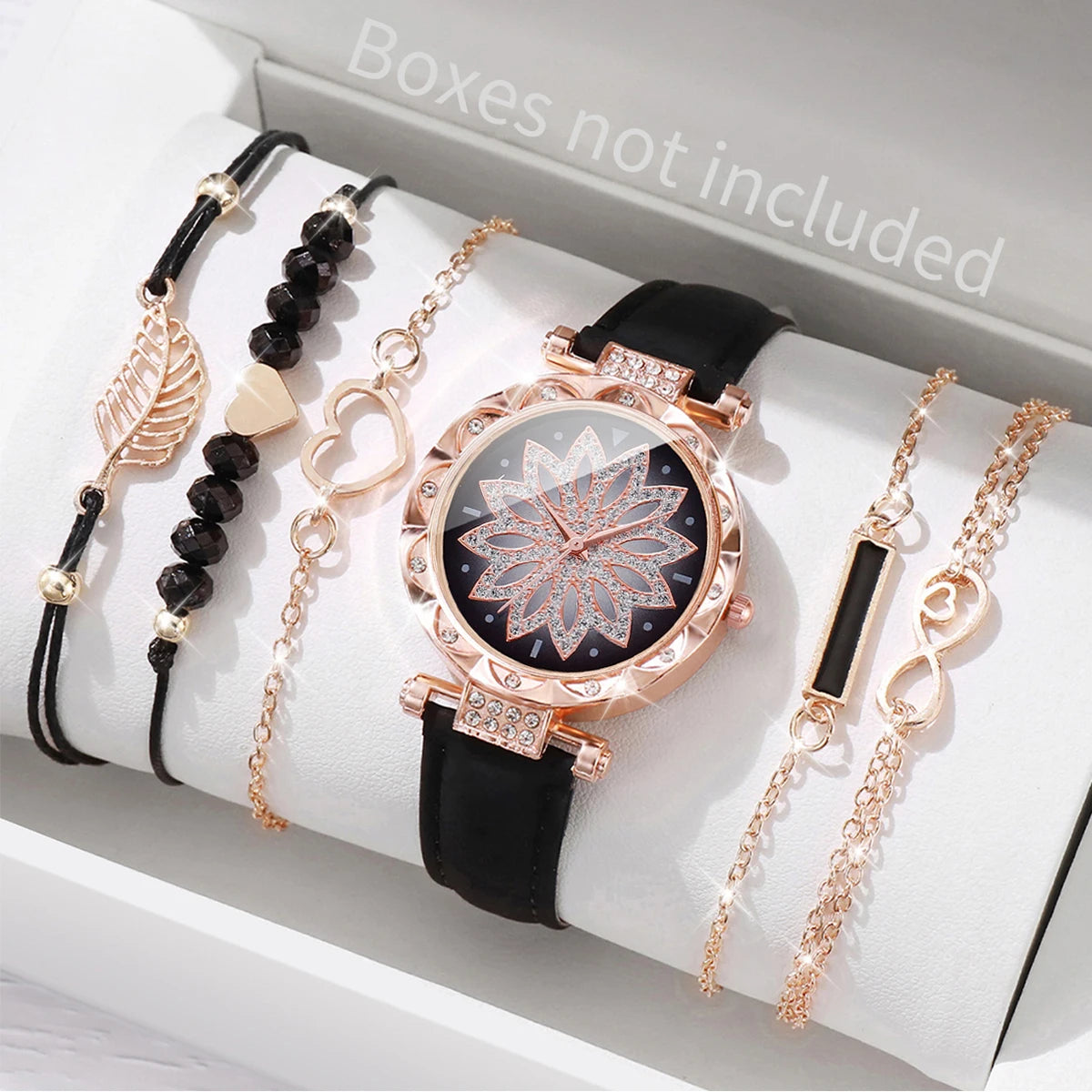 Elegant 6PCS Set 💖 Women's heart dial watch with a premium leather band and leaf-design bracelets — a touch of class and everyday elegance ✨