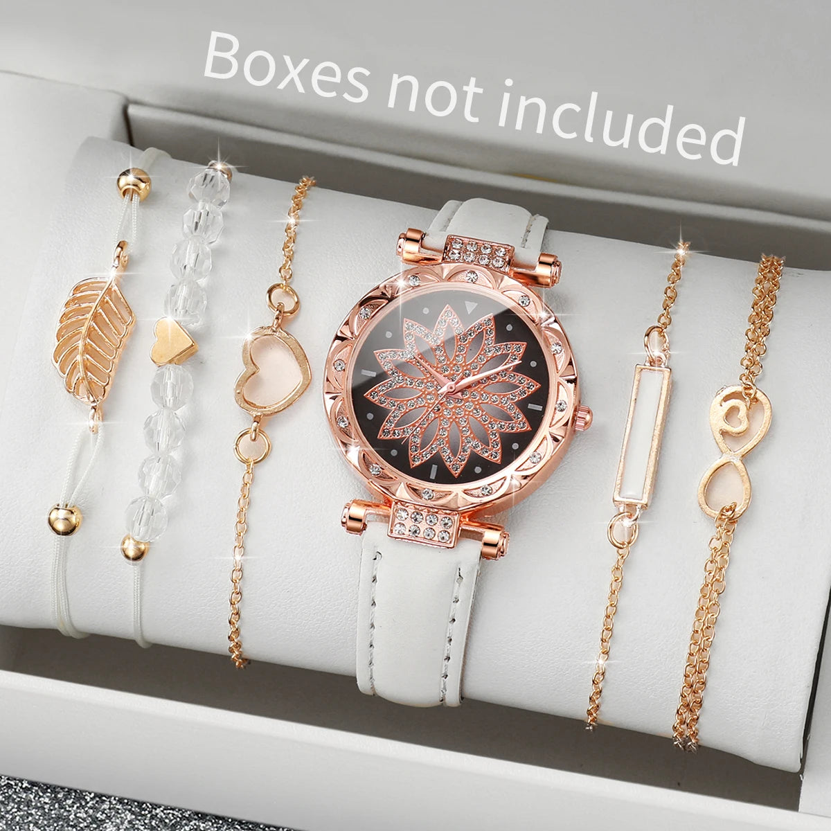Elegant 6PCS Set 💖 Women's heart dial watch with a premium leather band and leaf-design bracelets — a touch of class and everyday elegance ✨