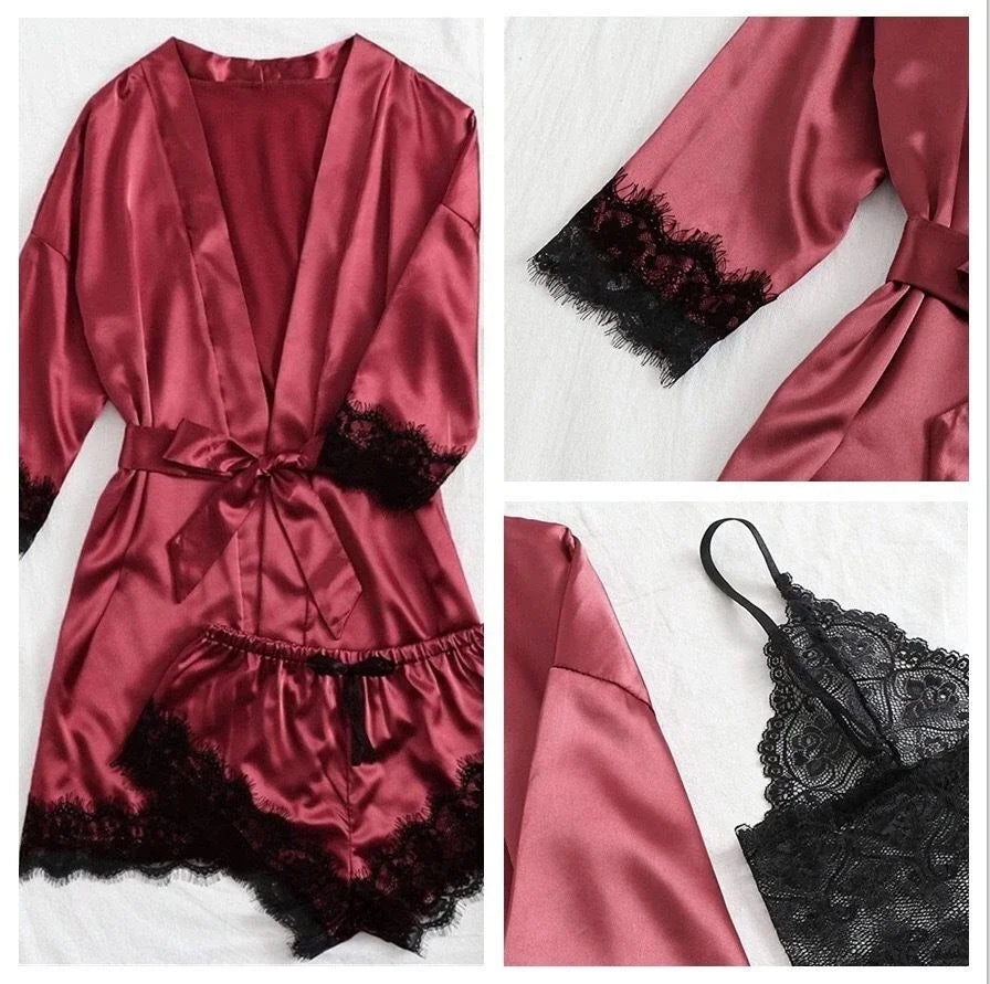 Women's Sexy Satin Lace Lingerie Set – Wine Red Nightwear with Robe , Bralette, Shorts & Panty for romantic atmosphere💖