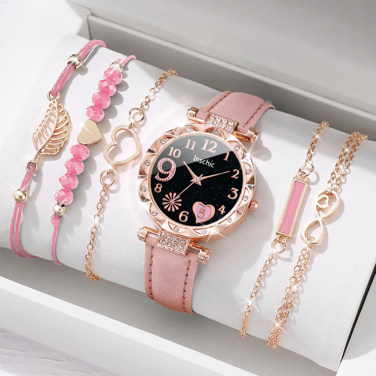 Elegant 6PCS Set 💖 Women's heart dial watch with a premium leather band and leaf-design bracelets — a touch of class and everyday elegance ✨