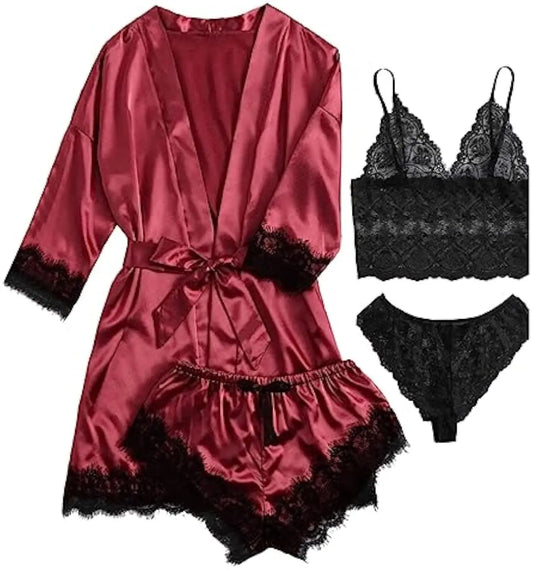 Women's Sexy Satin Lace Lingerie Set – Wine Red Nightwear with Robe , Bralette, Shorts & Panty for romantic atmosphere💖